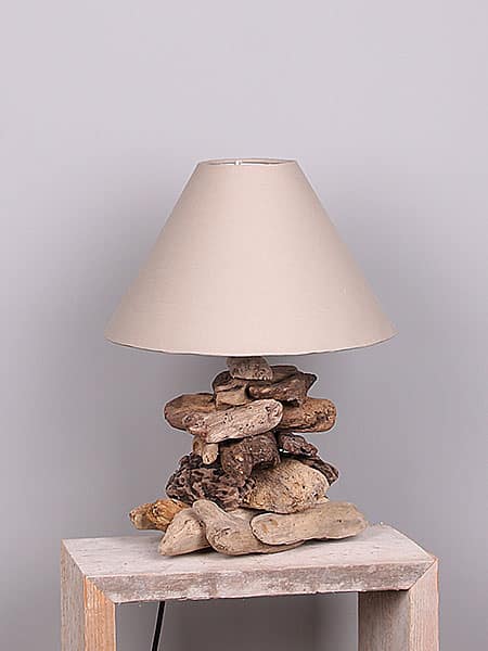 Schemerlamp drijfhout, 40 cm. lampenkap taupe